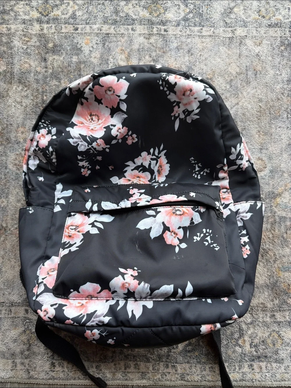 Floral Print Black Backpack with Pink Accent